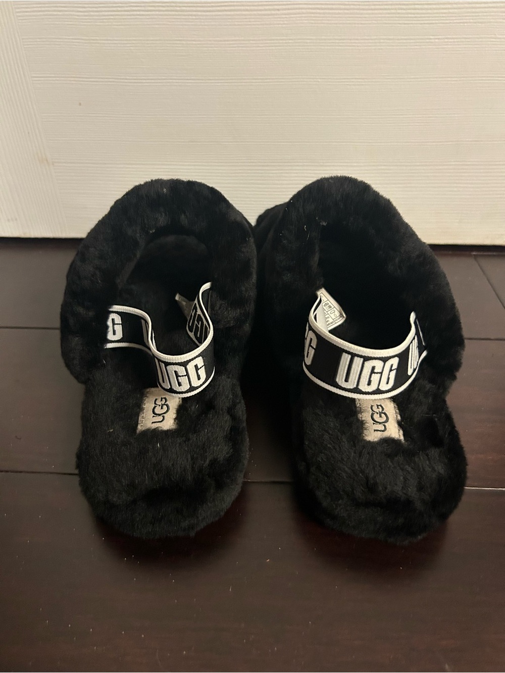 UGG Black Plush Slide with Logo Strap